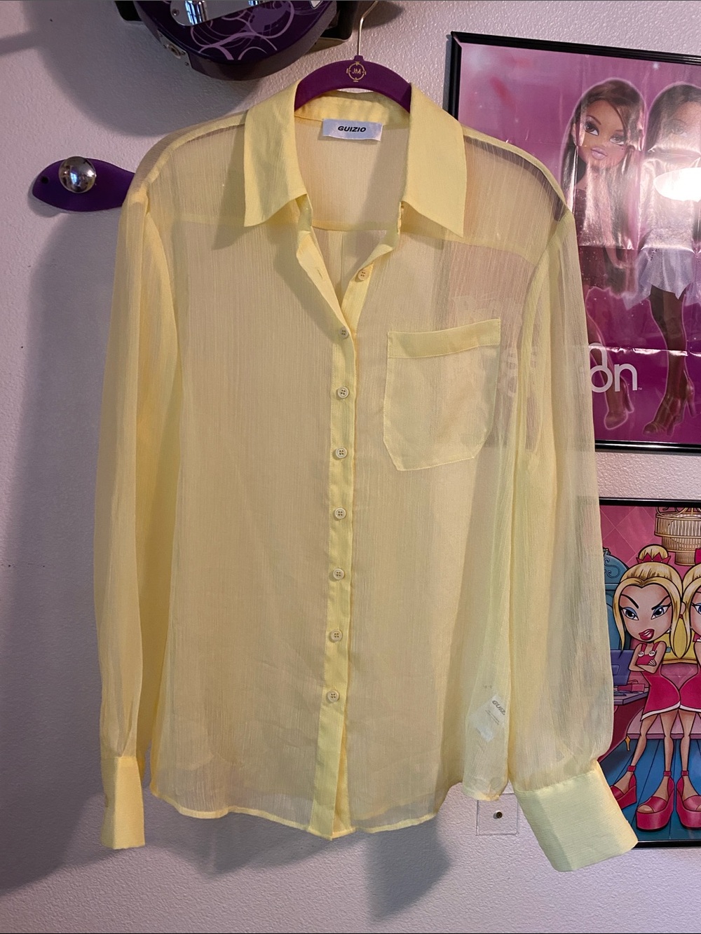 Guizio Yellow Sheer Long Sleeve Button Up Blouse